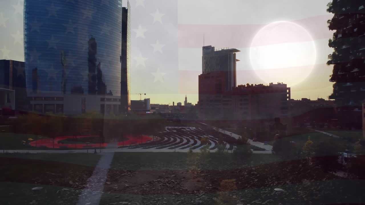 Animation of flag of usa over cityscape