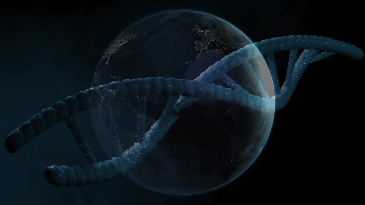 Glowing blue DNA helix sliding from right wrapping around Earth rotating showing genetic connection