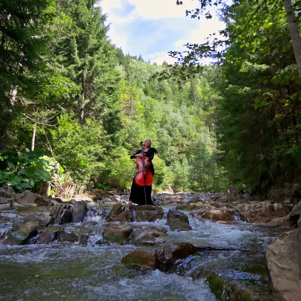 Beautiful girl with the cello in the river. Woman is playing the musical instrument while standing on stones inside the forest river on green nature background.