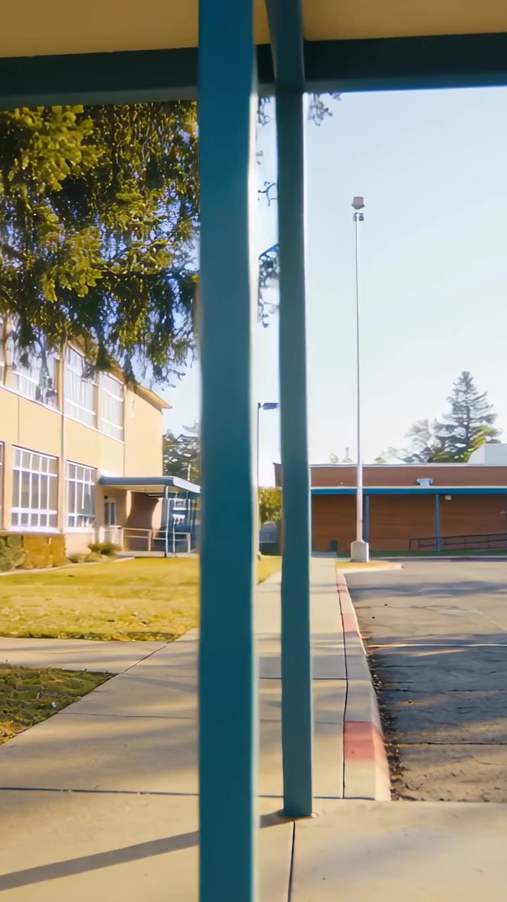 Video vertical: Cámara panorámica mostrando un pasillo cubierto con postes azules hacia las sombras de la entrada de la escuela.