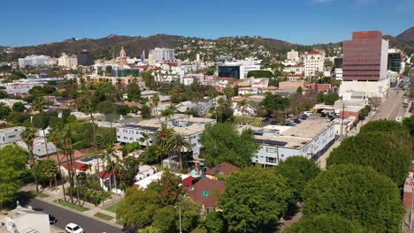 aerial reverse pull-back shot of downtown hollywood. 4k