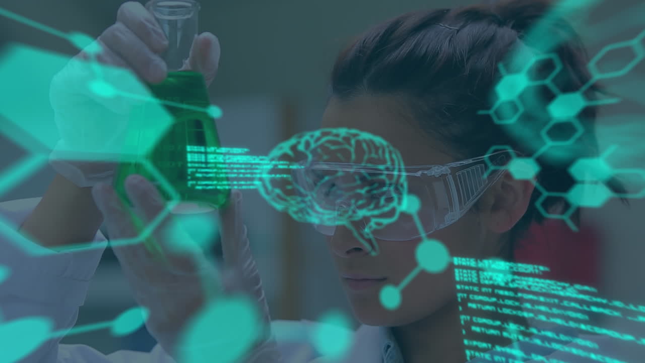 animación de datos científicos y cerebros humanos sobre una científica caucásica en el laboratorio