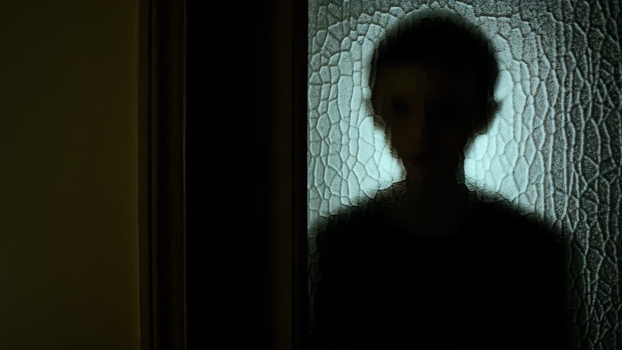 Silhouette of a person behind a frosted glass door