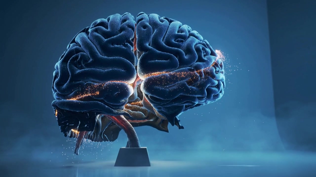 Rising fissure glow sending brain model rotating on stand in blue panels and fog, emitting sparks