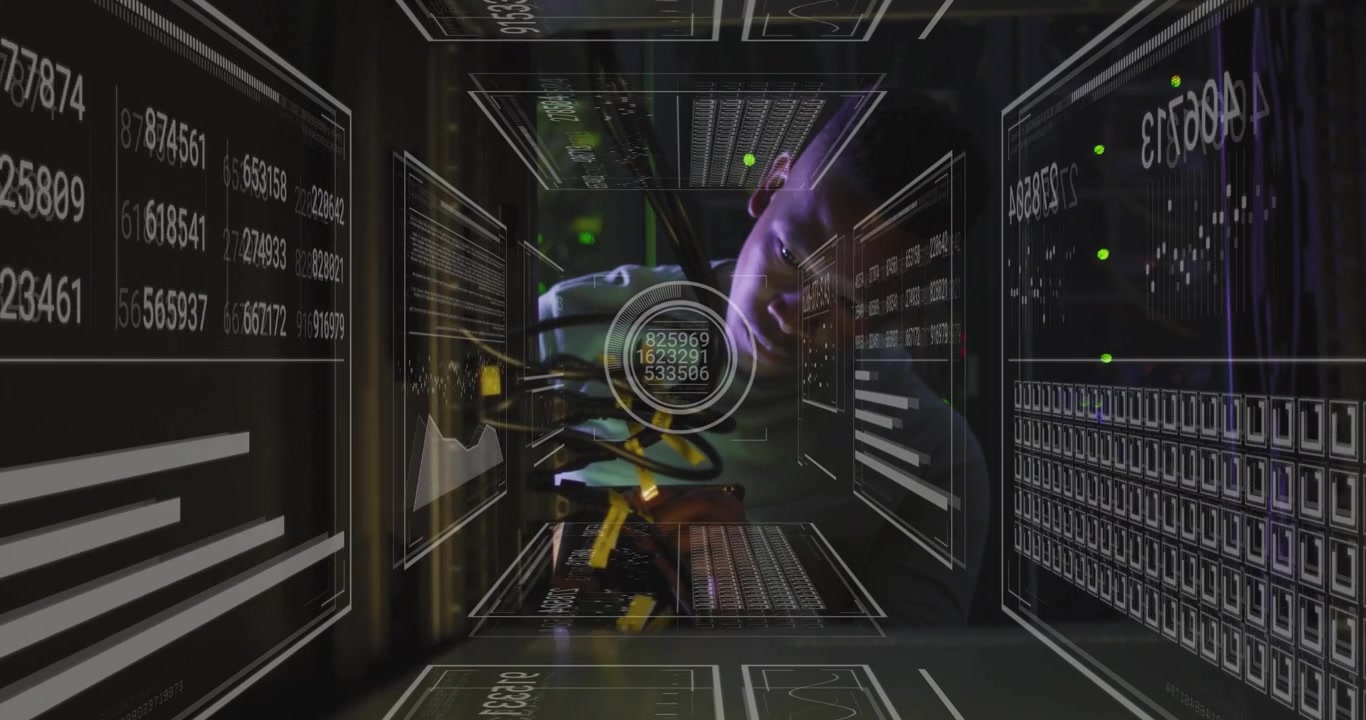 Male tech leaning into server rack, working cables as HUD centering on rack, updating data, fixing