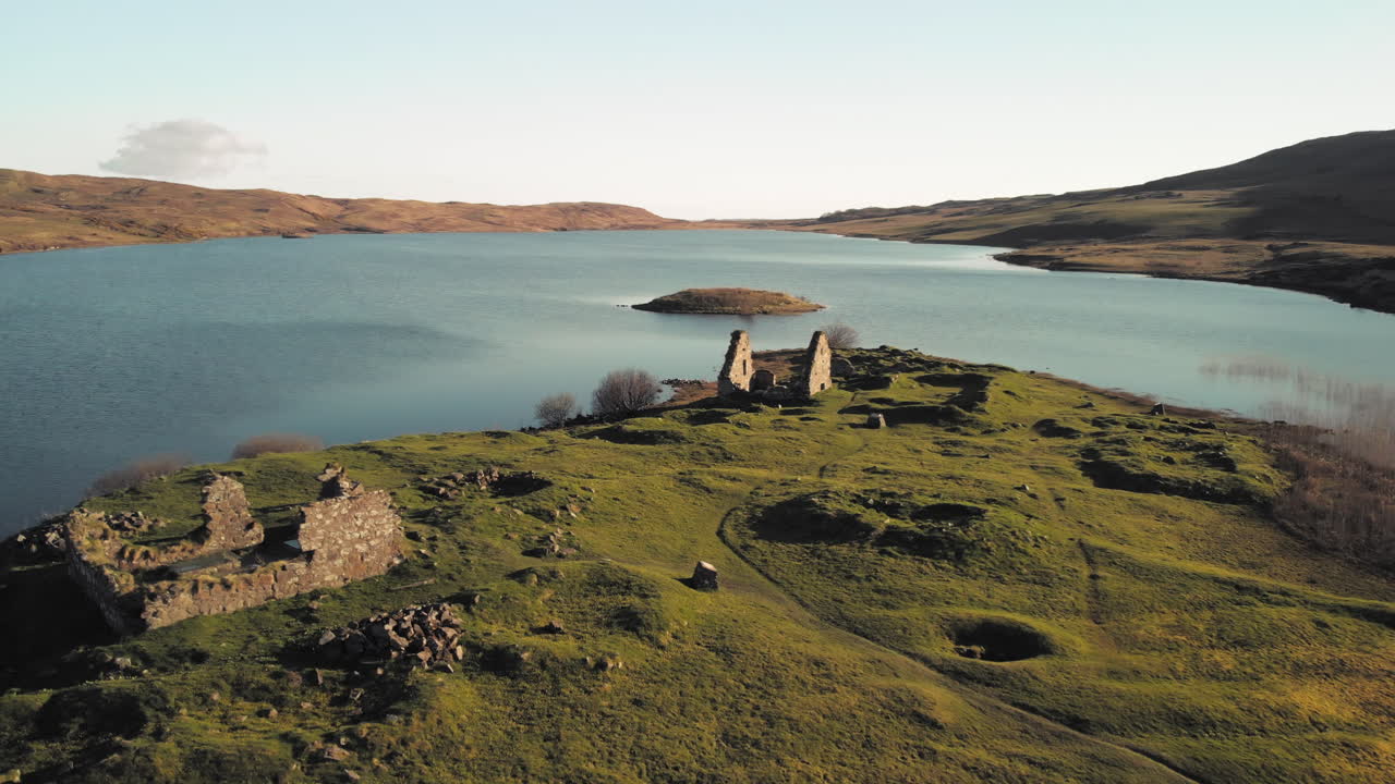 Aerial Drone Flight over Finlaggan, an historic site on Eilean Mòr in Loch Finlaggan.