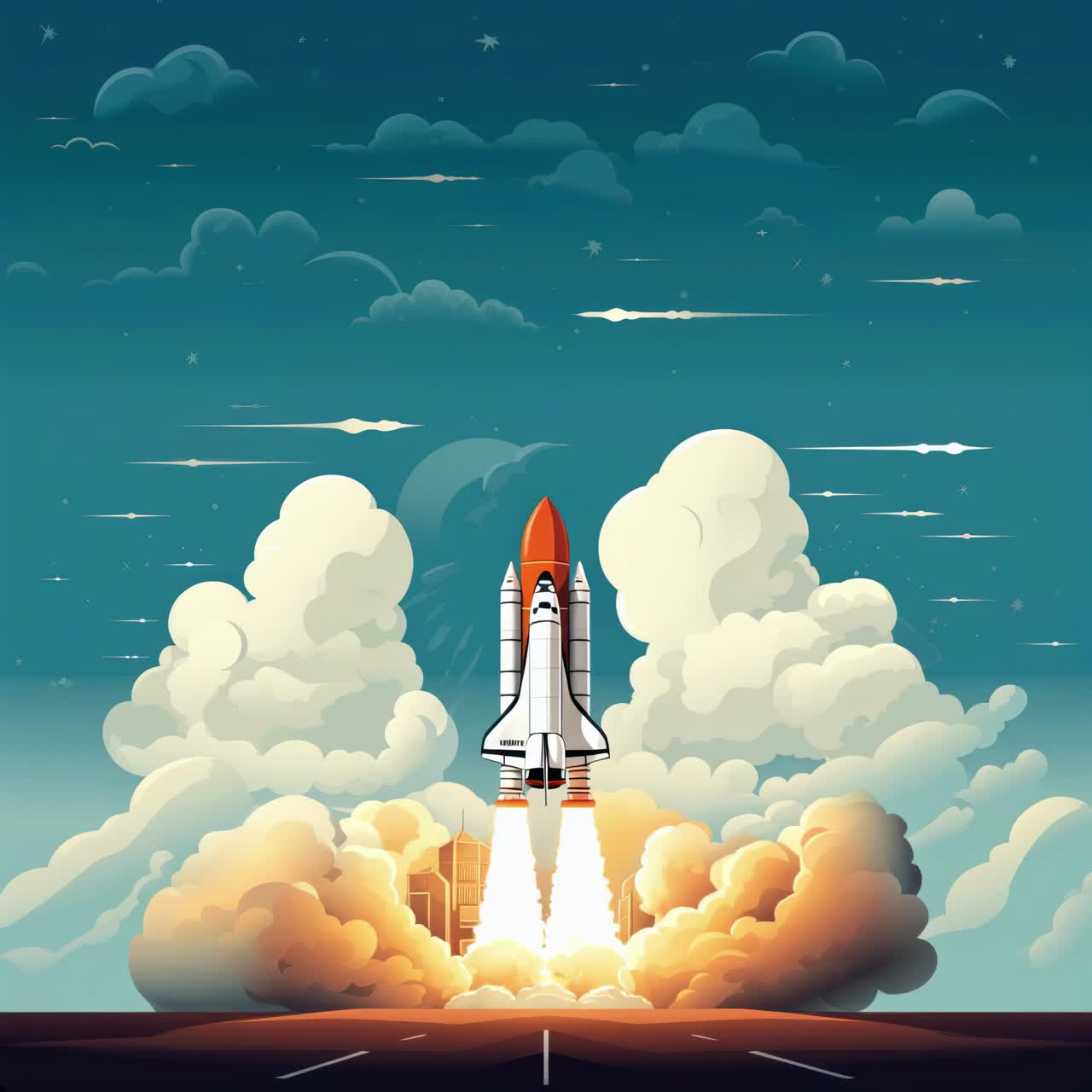 A dynamic video concept of a rocket launch, captured from a low angle
