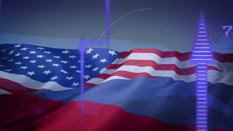 american and russian flags with data processing animation overlaid