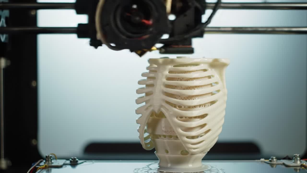 3D Printing Process of a Unique Rib-Cage Inspired Vessel, Showcasing the Intricate Design and Layering Techniques in Modern Additive Manufacturing