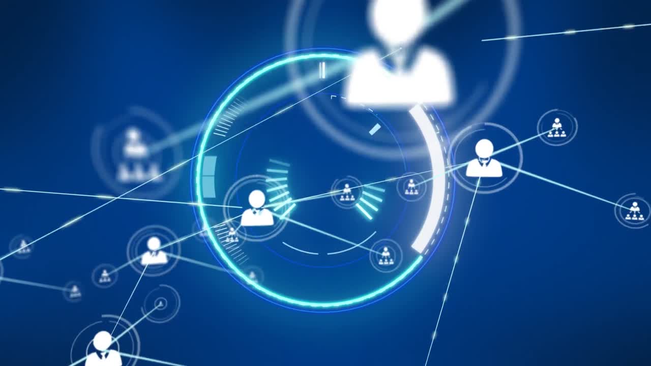 animación del globo con red de conexiones y iconos de personas en fondo azul