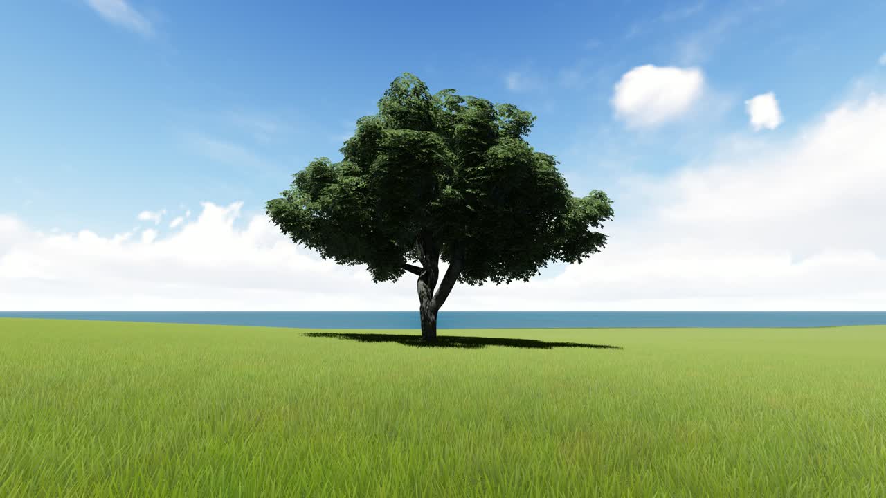 Lone tree in field seamless footage. Wood with lush crown growing alone near pond at daytime looped animation. Loneliness concept. Tree with green leaves surrounded by grass realistic video