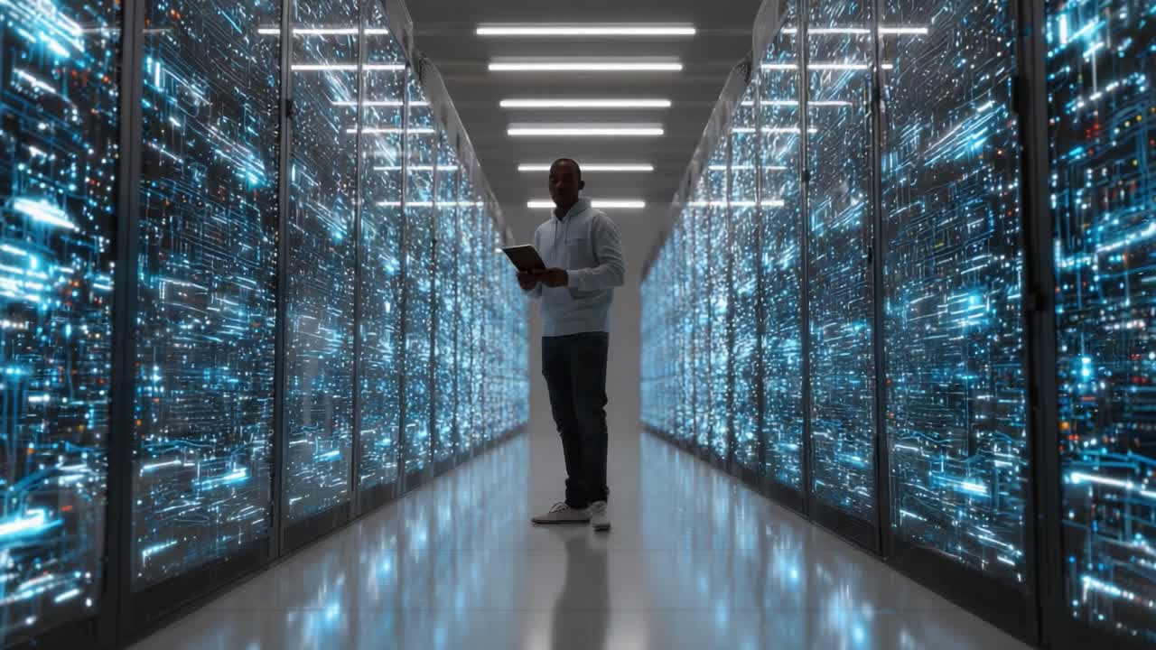 Data Center Exploration: A Technological Journey Through Rows of Servers and Digital Information Flow in a Modern Data Facility