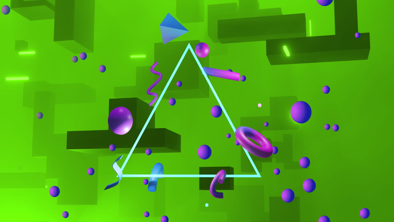 animación de triángulos, rastros de luz y formas abstractas que se mueven sobre un fondo verde
