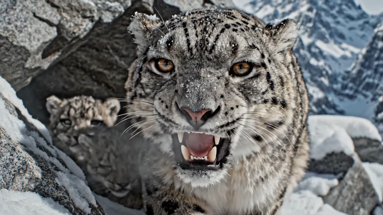 Snow Leopard and Cubs in Snowy Mountain Environment