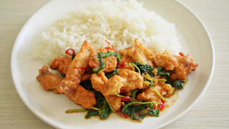 stir-fried-fried-fish-with-basil-and-chili-in-thai-style-topped-on-rice---Asian-food-style