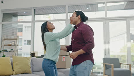 couple, dance and happy in new house