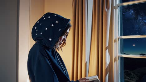 woman reading by a window at night