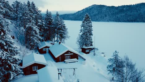 norwegische hütte im berg mit kiefern am gefrorenen see im winter