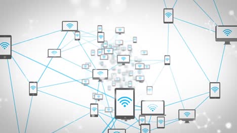 Digital animation of molecular structures floating against network of electronic devices icons