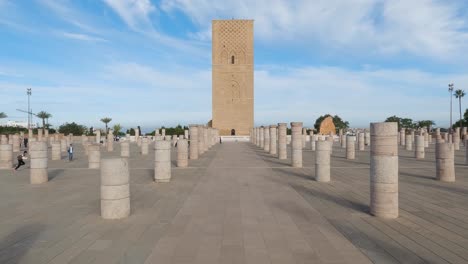 pov walking towards hassan tower in rabat