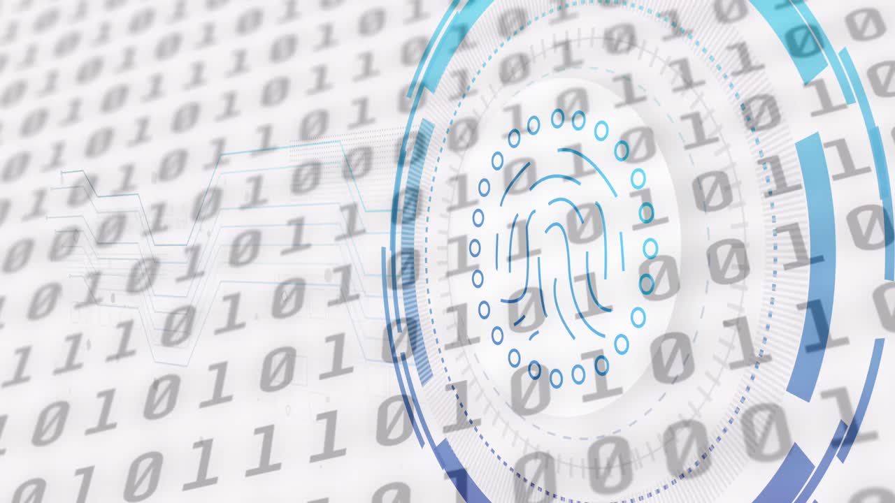 Animation of fingerprint icon over data processing on white background