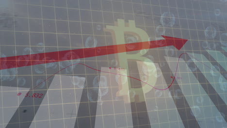 animation of financial data processing with red arrow ascending over glowing bitcoin symbol