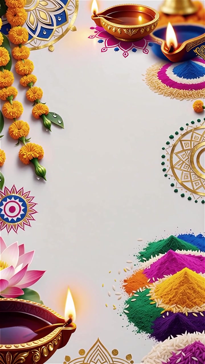 Sfondo Diwali con Diyas luminosi, Rangoli e fiori di loto