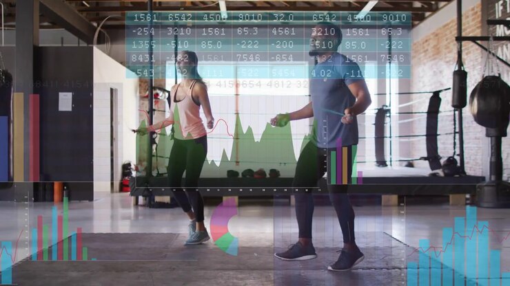 Man and woman gripping ropes starting coordinated skipping on mat, animated charts tracking fitness