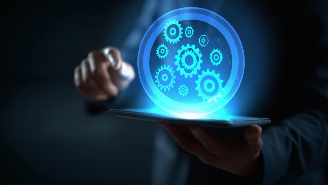 A Professional Engaging with Futuristic Technology on a Tablet, Manipulating Interactive Gears in a Dynamic Digital Environment to Showcase Innovation and Connectivity