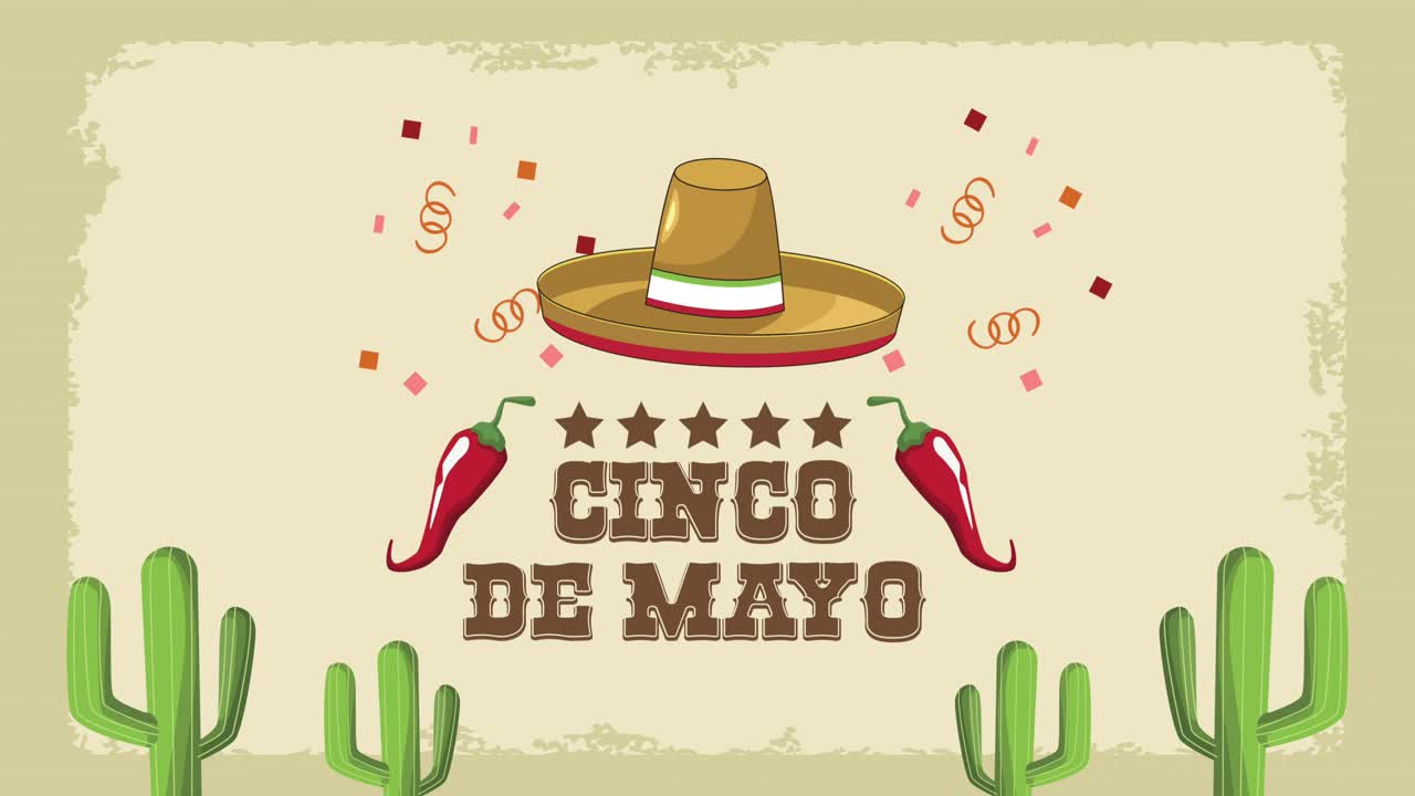 cinco de mayo con letras con sombrero mariachi y pimienta