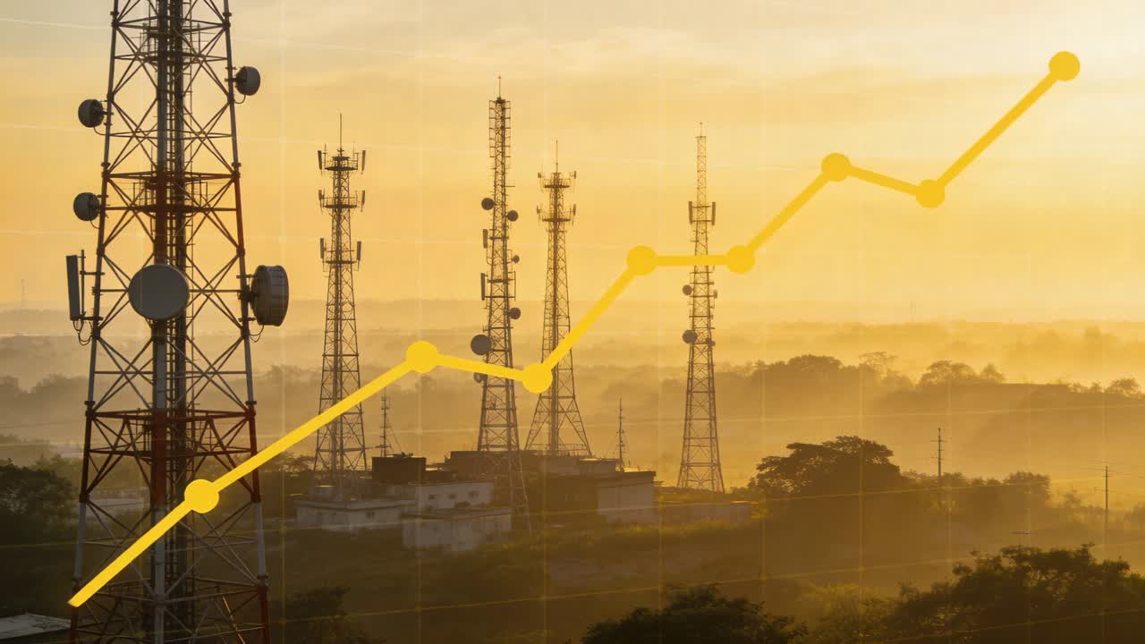 Linea di tendenza gialla animata che indica la ricezione dei dati, estesa tra le torri di telecomunicazione al margine del sito, mostrando le parabole