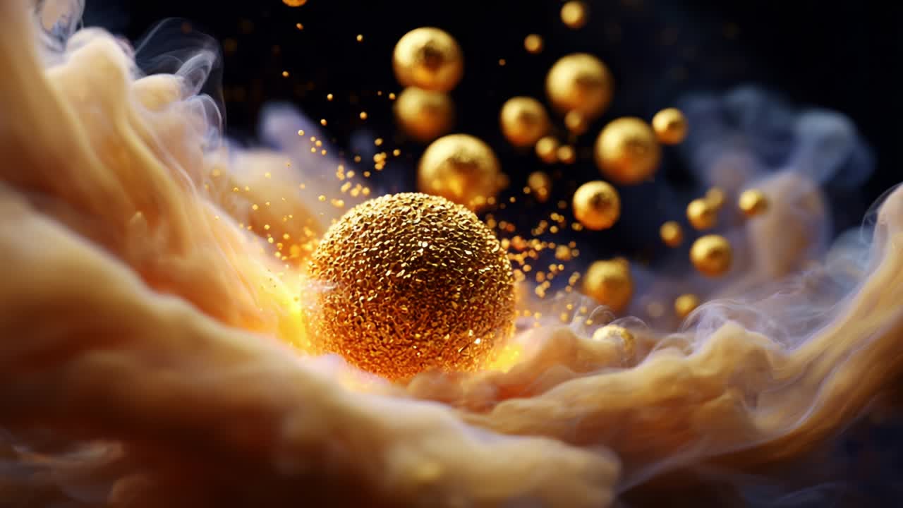 Sfera dorata affascinante circondata da turbinii mistici di fumo e scintillio, creando un'esperienza di contenuti visivi incantevole ed eterea che invita chi guarda a esplorare le profondità dell'immaginazione e della creatività