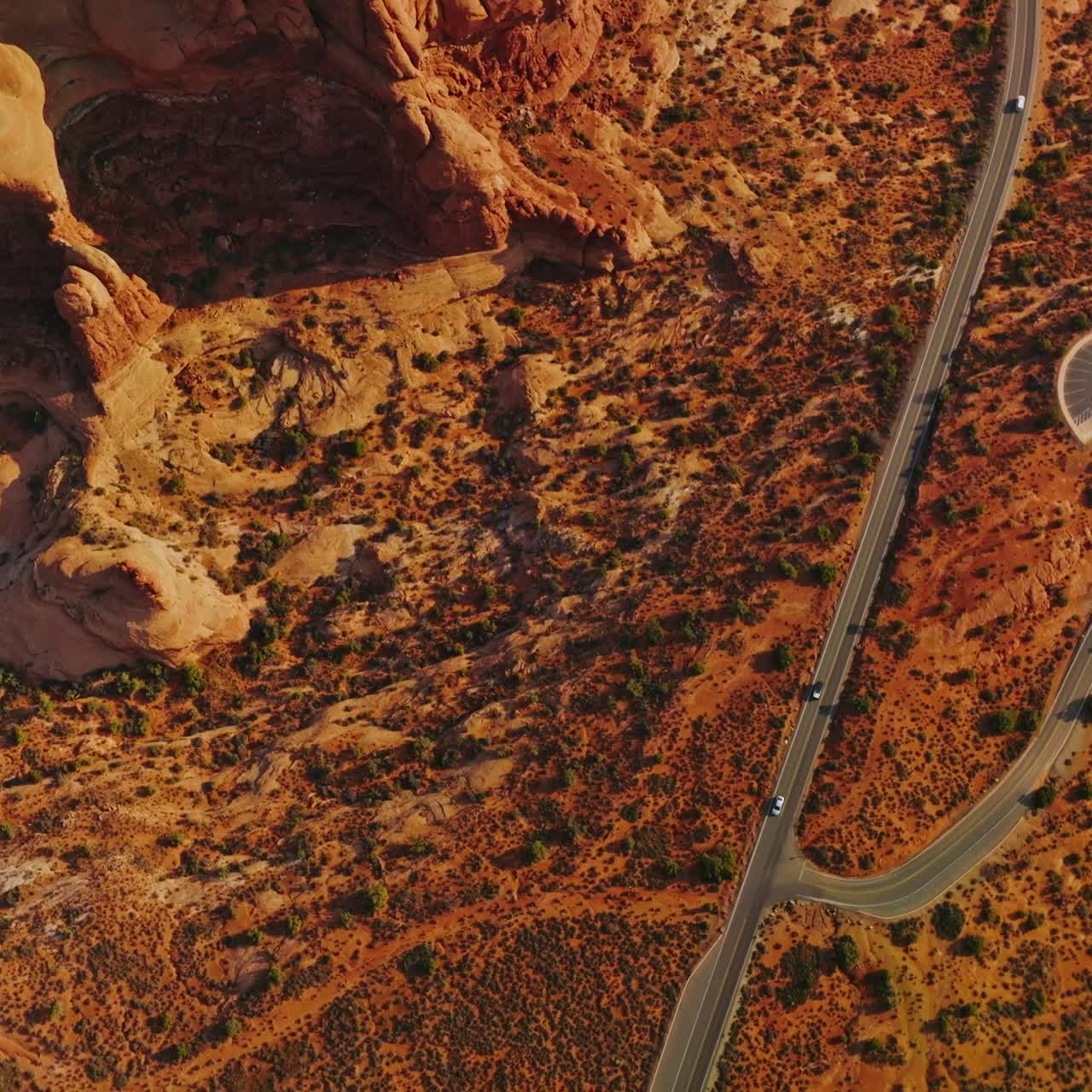 Rocky landscape of Arches National Park in Utah, United States. Unusual rounded canyons created by air erosion from bird's eye view
