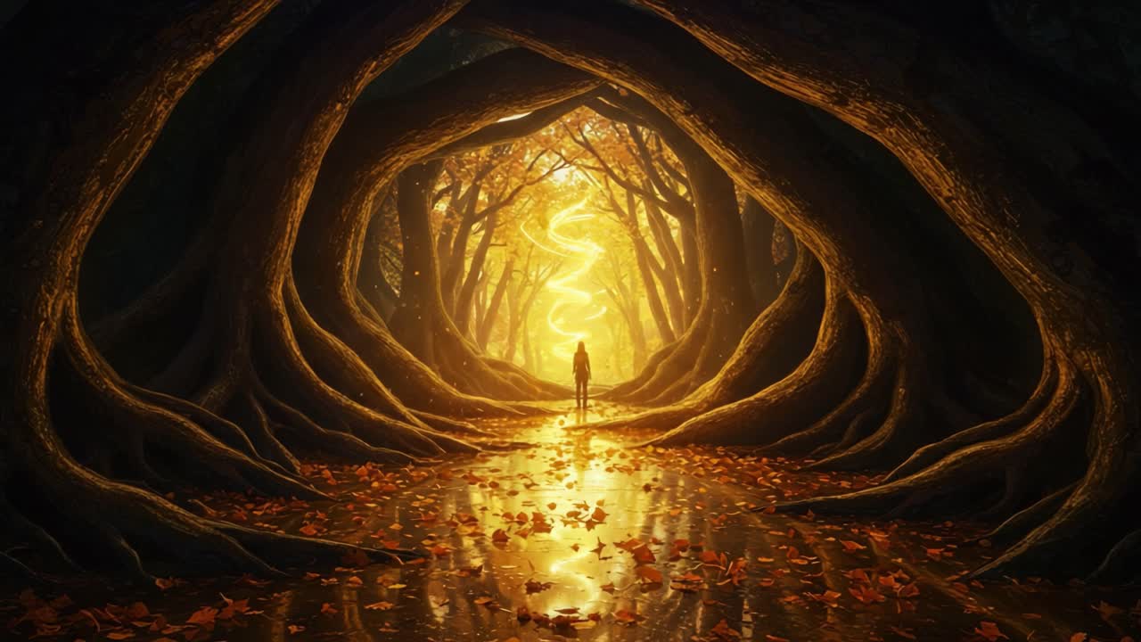 A Mystical Journey Through Enchanted Trees, Illuminated by a Golden Glow, Leading to an Unknown Destination in a Dreamy Forest Setting