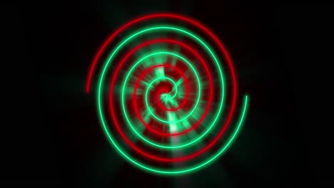 Animation-of-glowing-red-and-green-circles-over-black-background