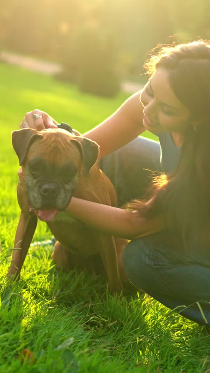 Mujer acariciando a su perro bóxer a la luz dorada del atardecer