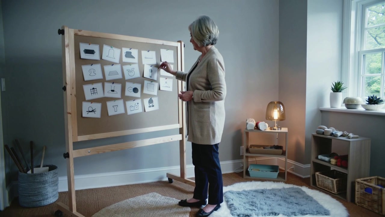 Picking pin, senior woman in cardigan adjusting cards on wooden board in cozy room for activity