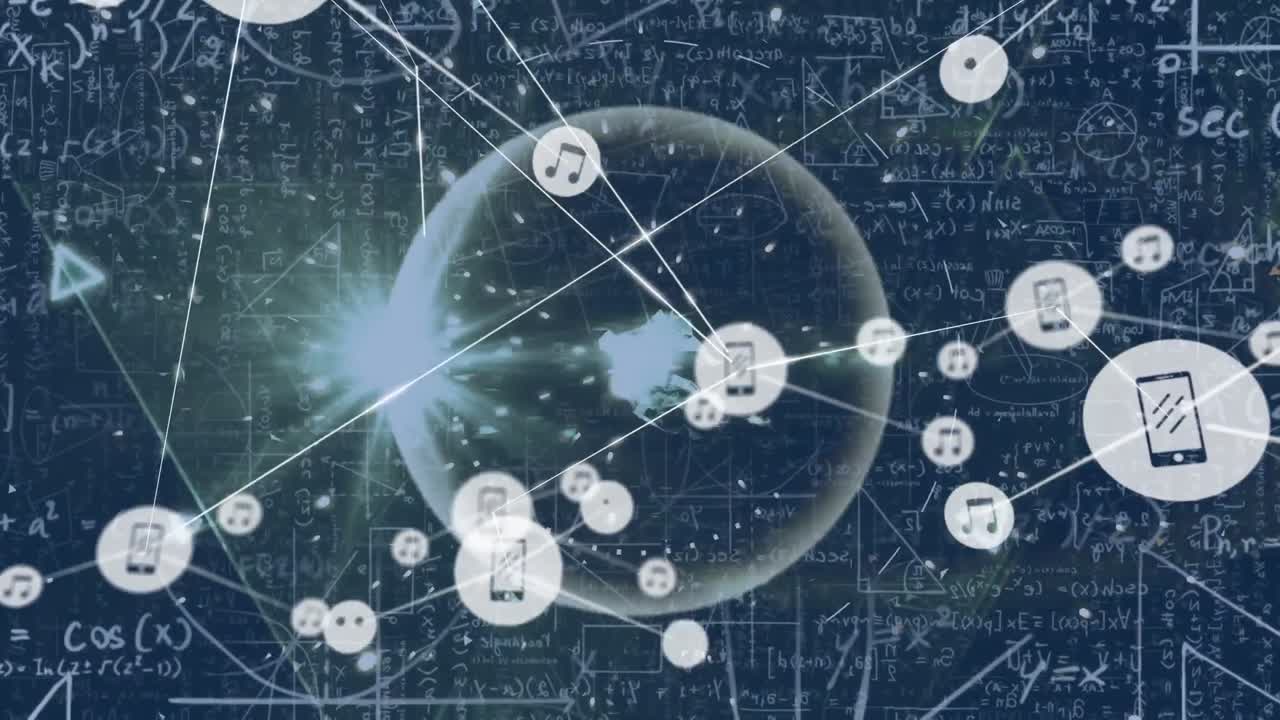 검은 바탕 위의 연결 네트워크와 수학 방정식의 애니메이션