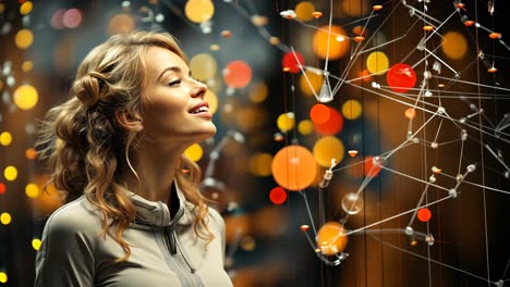 young woman marveling at colorful lights and digital patterns indoors