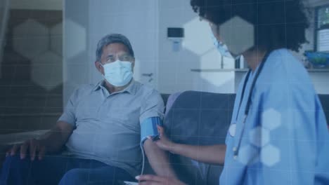 animación de formas sobre diversos médicos y pacientes midiendo la presión arterial.