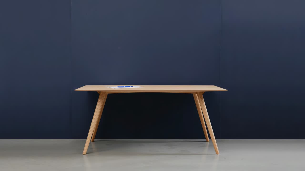 Moving camera approaching light-wood table in studio, revealing blue coaster for display