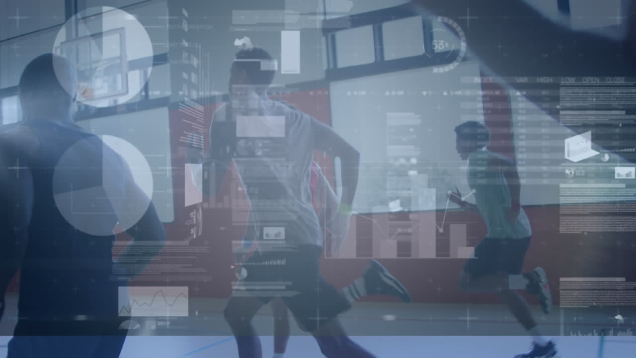 체육관에서 다양한 농구 선수들에 대한 데이터 처리 애니메이션