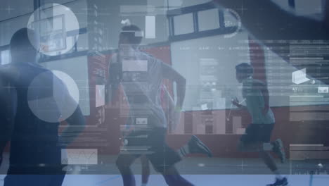 animation of data processing over diverse basketball players at gym