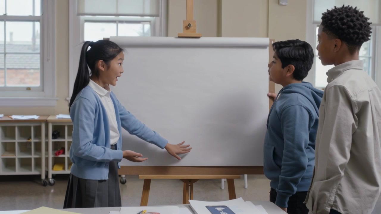 Starting student in blue cardigan presenting in classroom, gesturing at blank flip chart