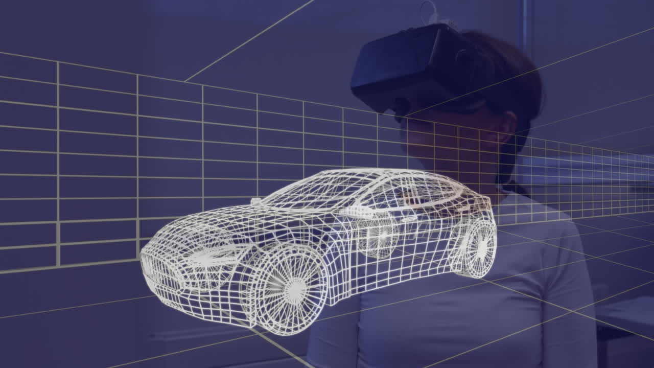 animación de un dibujo de coche en 3d sobre una mujer con auriculares vr
