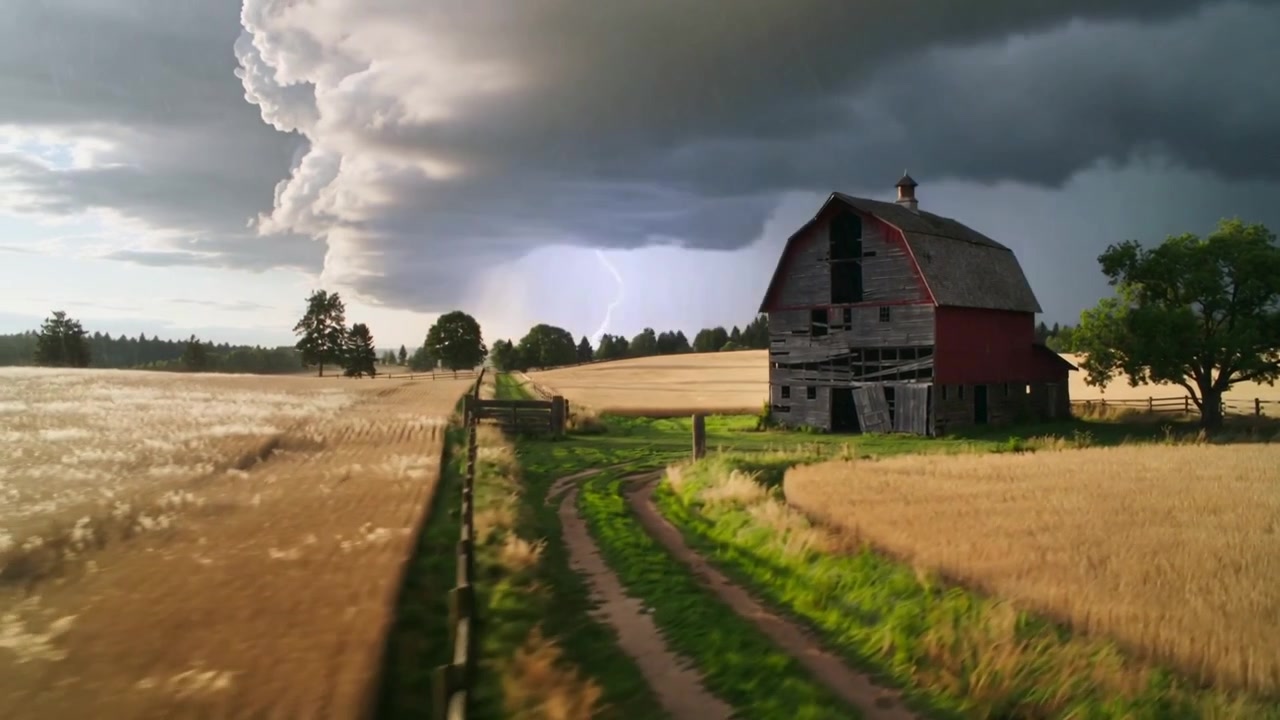 Nærmende storm, kameraet bevæger sig langs et træhegn på en gård, med en vejrbidt lade og kopiplads.