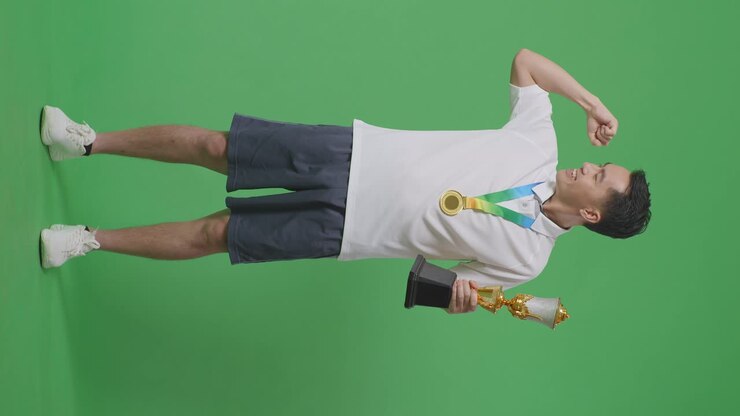Full Body Of Asian Man With A Gold Medal And Trophy Flexing His Bicep And Smiling To Camera On Green Screen Background In The Studio