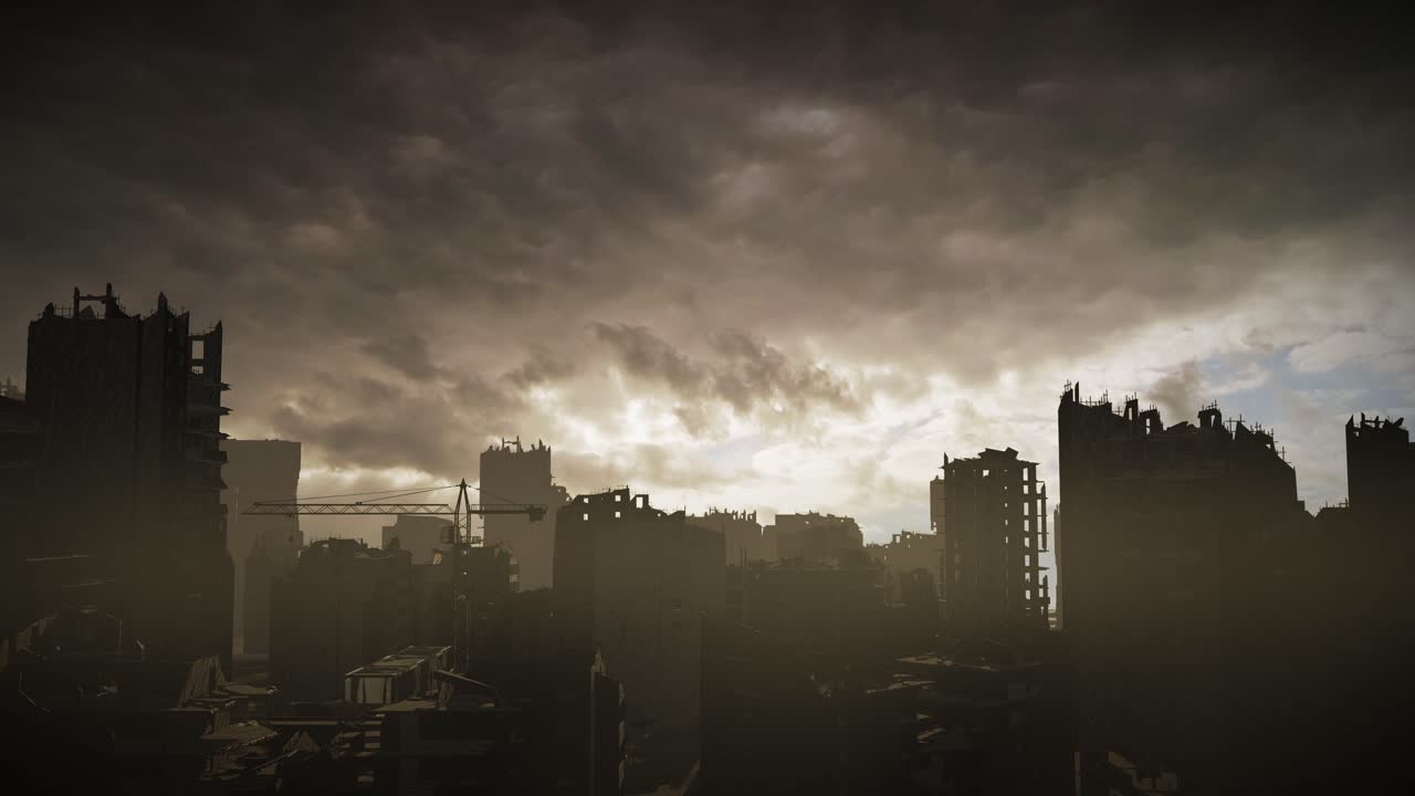 포스트 아포칼립스적 파괴된 도시 풍경