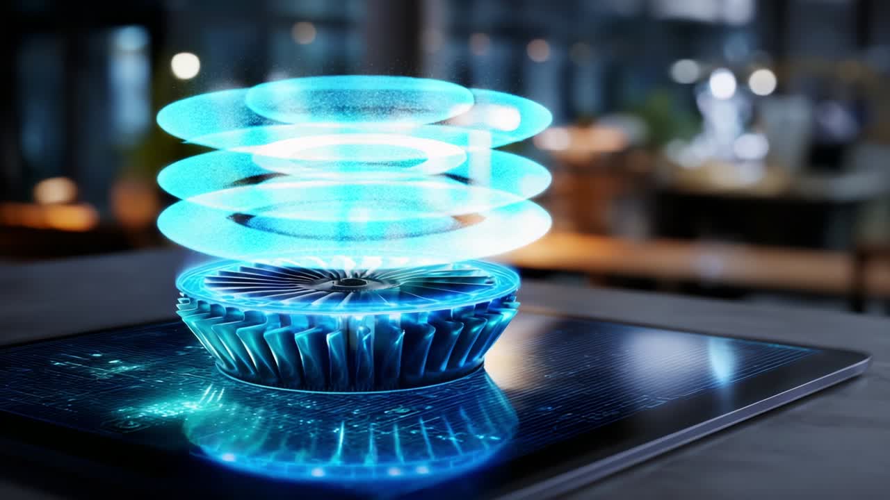 An advanced bluish holographic turbine component is displayed prominently on a sleek digital interface, showcasing a futuristic design with mesmerizing light patterns, representing innovative technology in engineering