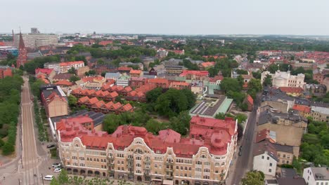 beautiful architecture in central lund from above with view of tramway